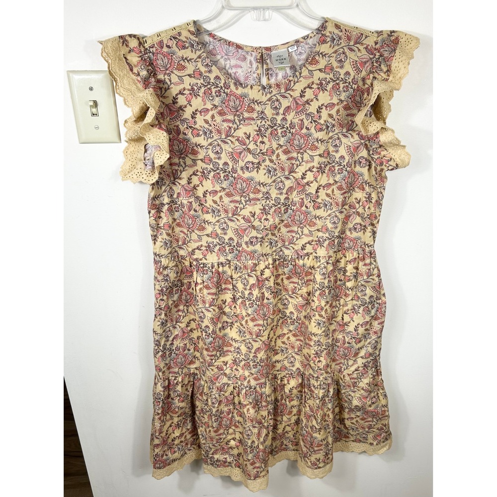Anthropologie Seen Worn Kept Floral Mini Dress S Yellow Paisley Eyelet Trim BOHO
